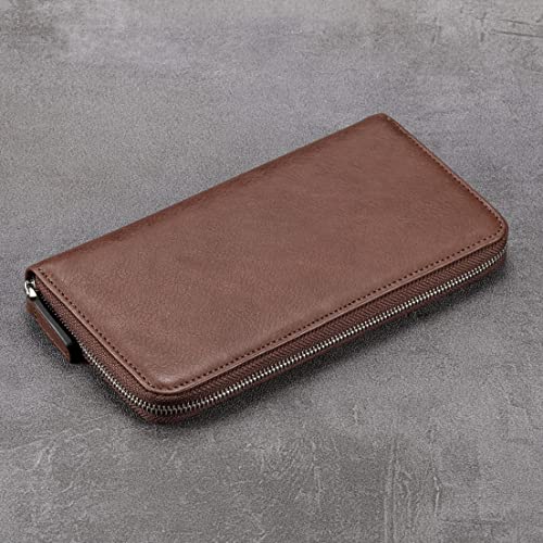 Image of HISCOW Leather Checkbook Cover, Zippered Wallet, Aniline Leather Coffee | Full grain cowhide, 5cc & ID window, personal check book & register pockets, removable duplicate divider, women secure zipper