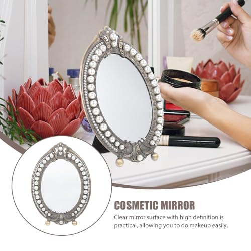 Miroir de maquillage marron rétro cadre perles et stable - 4