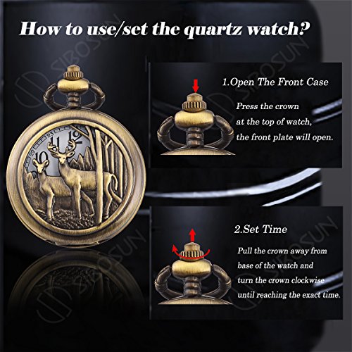 Sibosun Pocket Watch With Chain Deer Reindeer Woodland Men Smooth Back Case Bronze Vintage Box Quartz #TOP3