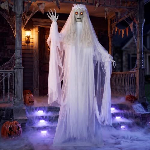 Image of JOYIN 67 inch Halloween Decorations Outdoor Life Size Bride Decor, White Ghost Haunted House Props with Creepy Sound for Garden Yard Lawn