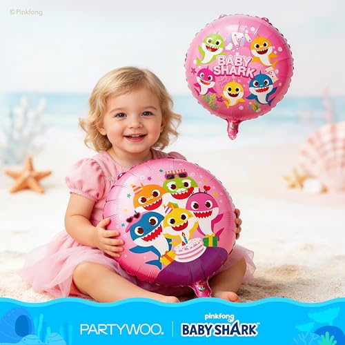 Image of PartyWoo Baby Shark Family Foil Balloons 5pcs Baby Shark Family Pink Round Mylar Helium Balloons for Boys and Girls Birthday Decorations Under the Sea Ocean Theme Kids Birthday Party Decorations