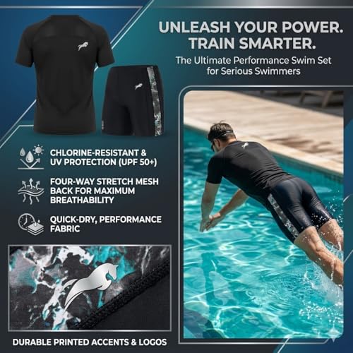 Image of JUST RIDER Swimwear Half Sleeve T-Shirt and Shorts for Men & Women Men's Swimming T-Shirt and Swimming Shorts Set, Polyester, Quick-Dry, Chlorine-Resistant, Flatlock Seams