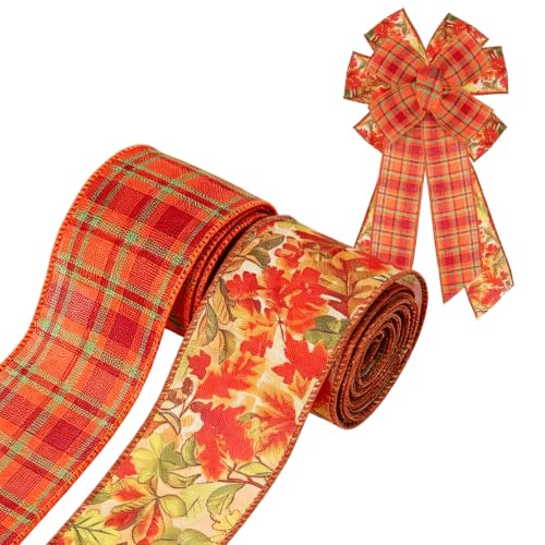 2 Rolls Fall Wired Ribbons for Wreath Bow, 2.5" x 10 Yards Maple Leaves Plaid Wired Edge Ribbon, Autumn Orange Burlap Fabric Ribbon for Thanksgiving Fall Harvest Wreaths Gift Wrapping DIY Crafts