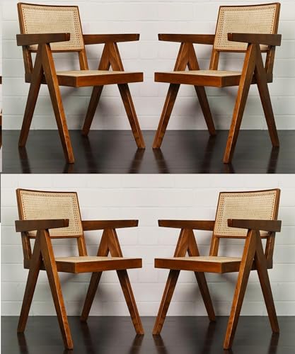 Image of Solid Wooden Rattan Arm Chair | Cane Dining Chair for Living Room, Hall and Office (Set of 4) | Natural Finish | 50D x 50W x 90H Cm