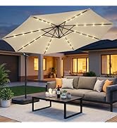 OLILAWN 10 feet Solar LED Patio Umbrella with Base, 32 LED Lighted Outdoor Offset Cantilever Umbr...