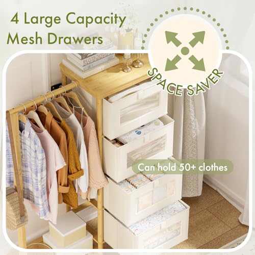 Image of Bamboo Dresser with Hanging Rack, 4-Drawer Small Closet Organizer for Bedroom, Tall Storage Tower with Clothes Rack, Natural Wood 41.4 inch H x 31.3 inch W-Space-Saving Design, Easy Assembly