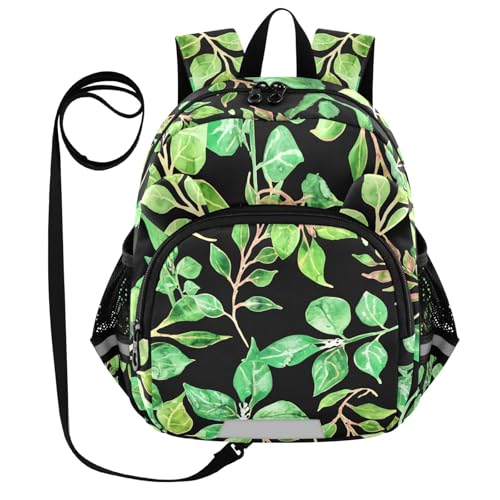 Watercolor Foliage Branch Black Toddler Harness Backpack for Boys Girls 3-6 Years Kids Backpack with Anti Lost Safety Leash Baby Travel Bag for Walking Travel Preschool