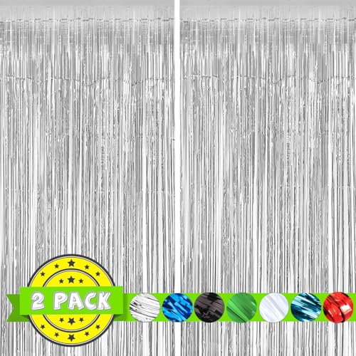 Image of 2PC Silver Streamers Party Decorations, Tinsel Backdrop Curtain Fringe Door Streamers Backdrop Party Decorations, Silver Fringe Backdrop for Disco Bachelorette Birthday Decorations