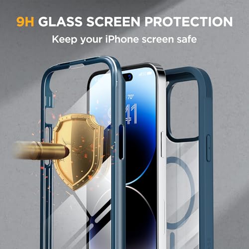Image of Miracase Magnetic for iPhone 14 Pro Case 6.1 inch, (Compatible with MagSafe) Upgrade Full-Body Clear Phone Bumper Case with Built-in 9H Tempered Glass Screen Protector,Storm Blue