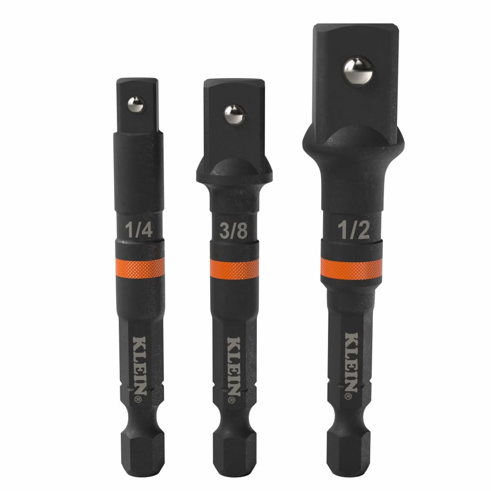 Klein Tools 65030A 3-Piece Impact Driver Socket Adapter Set, 3-Inch Quick-Connect Extensions, Knurled Grip, High-Visibility, 1/4, 3/8, and 1/2-Inch