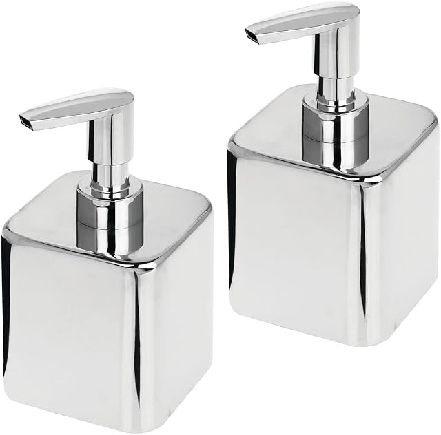 mDesign Refillable Soap Dispenser  Set of 2  Liquid Soap Dispenser  Metal and Plastic Soap Dispenser  Kitchen And Bathroom Accessories  Silver