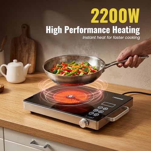 Image of Sunshine HeatWave 2000W Infrared Electric Cooktop | Works with All Cookware - Steel, Glass, Ceramic & Aluminium Cookware | 4 Cooking Modes | 60C-700C | Stainless Steel | BBQ Grill Stand