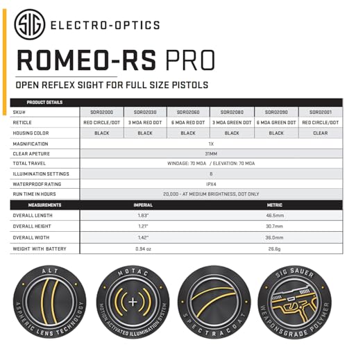 Image of SIG SAUER Romeo-RS PRO Reinforced Steel 8 Brightness Modes Pistol Dot Sight with Aspherical Glass Lens | Compatible with Optic Ready P320, P226 & P229 - Red Dot /Green Dot Options