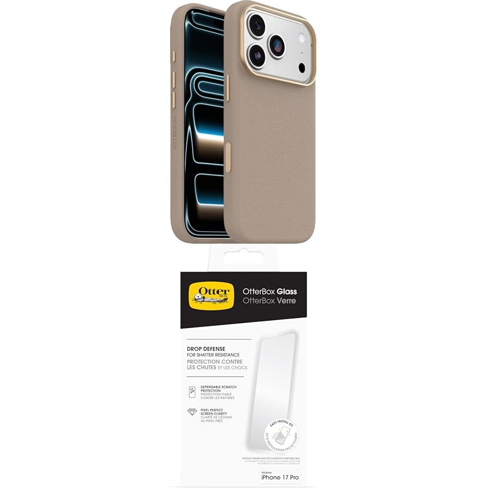 OtterBox Symmetry Series Cactus Leather MagSafe funda para iPhone 17 Pro, Testada 3x con estándares Militares anticaídas, Gris + OtterBox Glass Protector de Pantalla de Cristal Templado