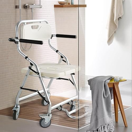 YAOYAOO Silla de Ducha e Inodoro con Ruedas Plegable, Silla de Baño para Personas Mayores, Asiento de Aluminio Antideslizante con Frenos, 150 kg, Blanco
