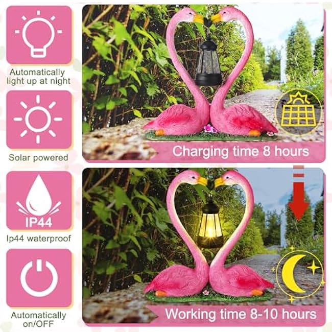 Kiss Flamingo Statue Garden Decor with Solar Lights LED Outdoor Decoration Figurines for Yard Patio, Porch, Home, Flamingo Gift for Mothers Day, Women, Mom, Grandma Anniversary Couple Wife