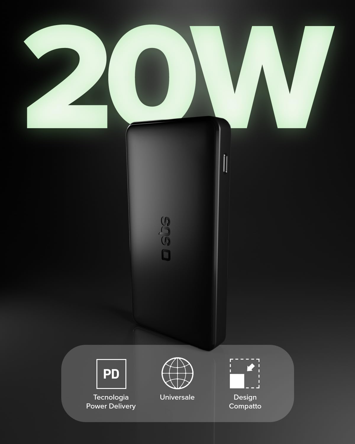 SBS PowerBank 10K FAST, 10000mAh, 22.5W Power Delivery (PD 3.0 PPS) | Power Bank con Ricarica Rapida, LED di Carica, USB-C, USB-A, Caricabatterie Portatile da Viaggio, Design Compatto, Nero