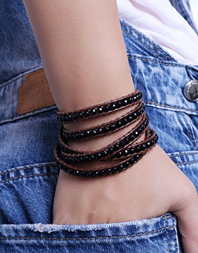 Image of C.QUAN CHI Natural Crystal Bead Bracelet Leather Wrap Bracelet 5 Wrap Stackable Braid Bracelet Bangle Jewelry Birthday Gifts