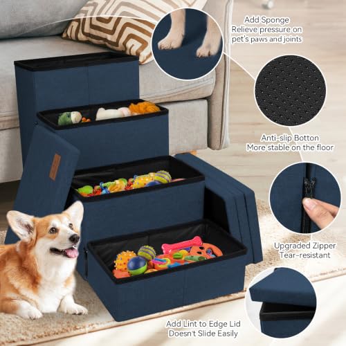 Image of Zerbuger Dog Stairs with Storage, Navy Blue 4 Steps Dog Ramp no Condo | 23 inch H Wider Dog Steps for High Beds Couch, Folding Storage Pet Stairs Gift for Climbing Small /Medium /Large Old Dogs Cats