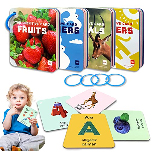 Image of Richgv Flash Cards for Toddlers 1-2-3-4 Years Old, Bilingual 4 Sets Flash Cards for Baby 6 12 18 Months, Alphabet Numbers Fruits Animals, Learning & Education Toys Gifts Kindergarten Preschool