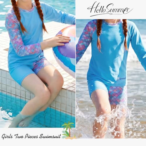 Image of Girls Swimsuit Two Piece Rash Guard Set for 4-14 Years UPF 50+ UV Protective Long Sleeve Swimwear