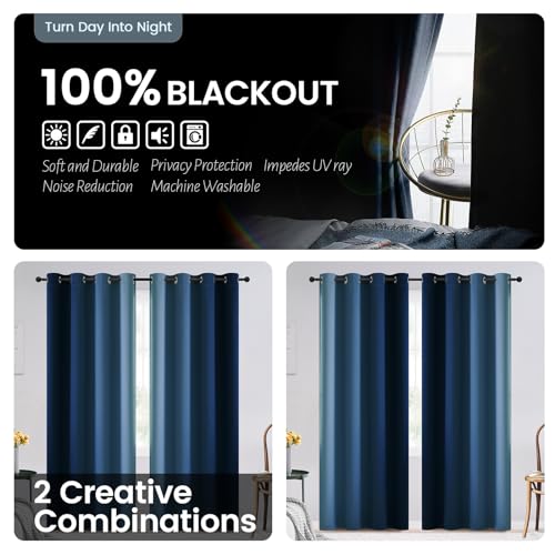 Image of SimpleHome Blue and Greyish White Blackout Curtains for Bedroom 63 Inches Long, Room Darkening Grommet Curtains for Living Room,Thermal Insulated Ombre Drapes,2 Panels, 52x63 inches Length