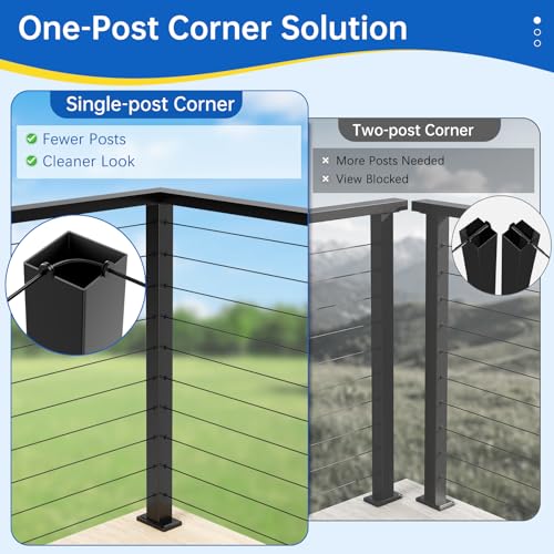 Image of 36 inch Swageless L-drilled Cable Railing Corner Post for Deck Cable Railing, T304 Stainless Steel Surface Mount 90 Corner Deck Post with Upgraded Black Powder Coating for Indoor Outdoor Porch