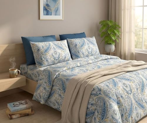 Image of FRESH FROM LOOM Luxury 240 TC Pure Cotton King Size Flat Bedsheet with 2 Pillow Covers Premium 100% Cotton King Size Bedsheet - 240 Thread Count - Hypoallergenic & Soft, Aqua, Size- 108x108 inch