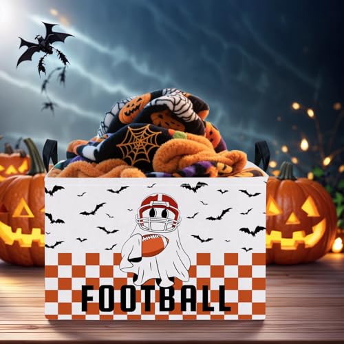 Image of Halloween Basket Gift Cute Ghost Parties Decor Kid Trick or Treat Basket for Boys and Girls Rectangular Storage Bin Box (Football Bat)