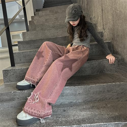 Preppy Clothes for Girls Straight Jeans Black Ripped Drawstring Elastic Basic Jeans Purple Girls Bootcut Jeans Size 10-124