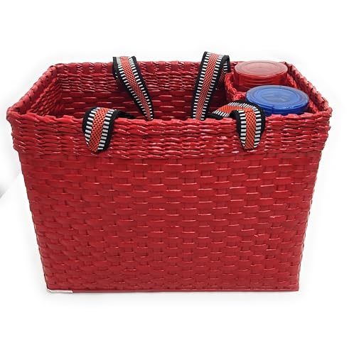 Image of Paperus, Red, Large, Lunch Bag with 2 Water Bottle Holders, Tiffin Basket, Picnic Basket, Travel Bag, Eco-Friendly, Handmade, of Paper Ropes, Length 14 inch, Height 11 inch & 7 Inch Broad Base
