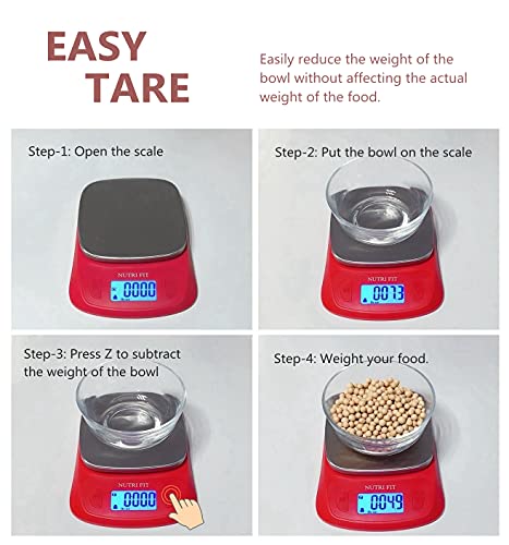 Nutri Fit Ultra Slim Food Scale Digital Kitchen 1G Increment Measure In Lb Oz Ml High Precision Weight In Grams And Oz For Coffee Making, Meal Prep - Red/Stainless Steel #TOP3