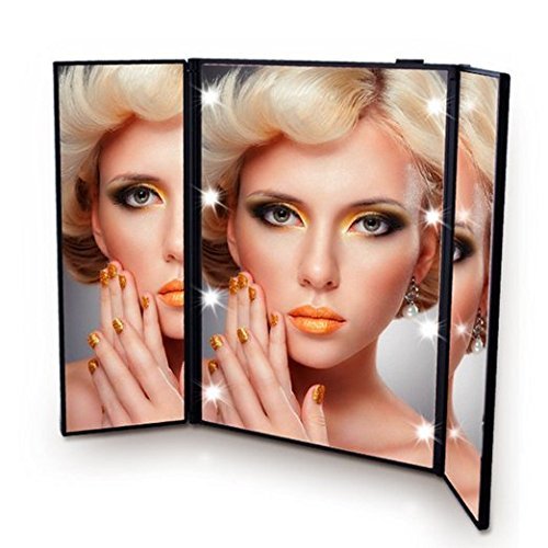 FLYMEI Tri-Fold Makeup Mirror, LED Compact Mirror with Adjustable Stand, Portable Mirror Pocket Vanity Mirrors, Compact Cosmetic Mirror with Lights