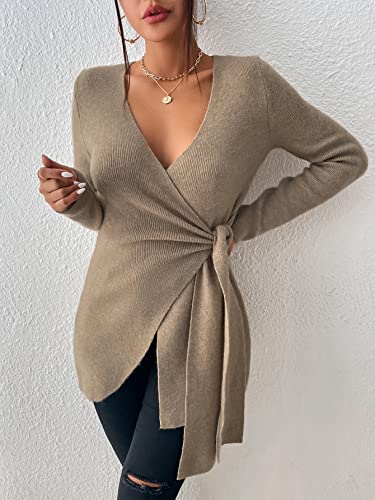 Makemechic Women's Long Sleeve V Neck Tie Side Wrap Sweater Top Knit Cardigan Khaki S #TOP2