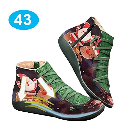 2020 Botines de Cuero Otoño Vintage con Cordones,Bloomma Zapatos de Mujer Botas cómodas de tacón Plano Cremallera Bota con navidad