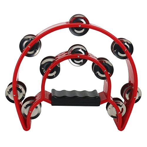 Ogrmar Double Row Handled Tambourine Metal Jingles Hand Held Percussion Drum with Ergonomic Handle Grip for Gift KTV/Party/Kids Toy (Red)