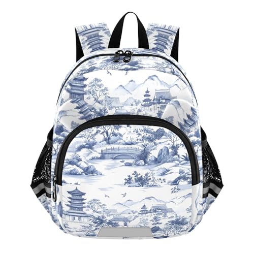 CHIFIGNO Mochila infantil aquarela paisagem antiga azul branca para meninas, meninos, crianças, mini mochilas pré-escolares, Aquarela paisagem antiga azul branco, Small, Mochilas Daypack