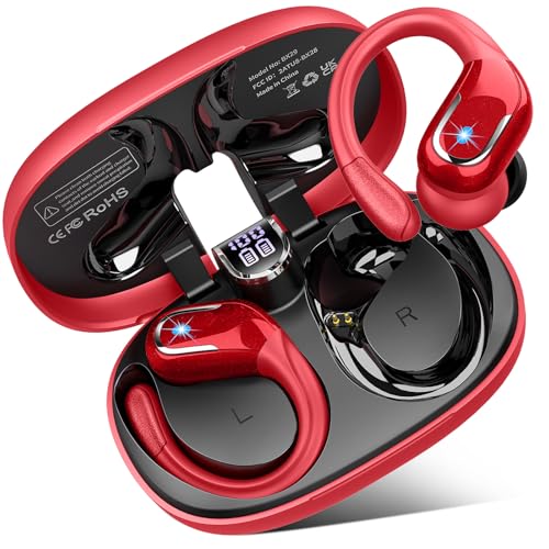 Image of Ltinist Wireless Earbuds, 75hrs Bluetooth 5.4 Headphone Sport, Bluetooth Earbuds Deep Bass Over Ear Buds with Earhooks, ENC Noise Cancelling Earphone Mic, IP7 Waterproof for Workout /Running /Gym Red