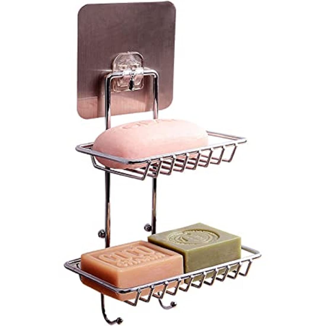 DK CreationWall Mounted Double Layer soap Dish Holder & Dispensers, Self-Adhesive Stainless Steel Waterproof Kitchen Bathroom Soaps Storage Rack with Hook for Home (2 Layer Shop Holder with 2 Hook)