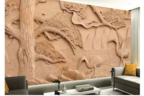 Personalizado Gran Fresco Gran Madera Tallada Grúa Fresco Tv Fondo Pared Papel Tapiz -400Cm×280Cm Cover