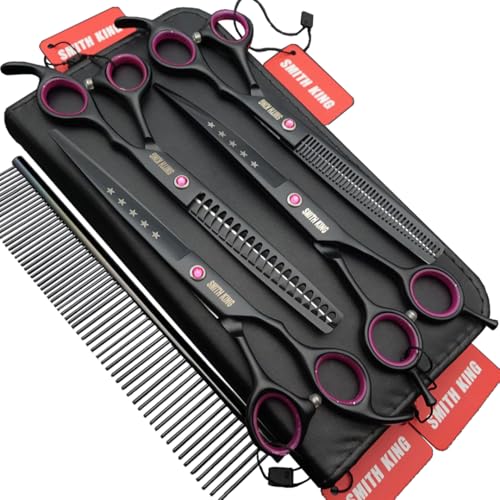 7.0 inches Professional Dog Grooming Scissors Set Straight & thinning & Curved & Chunkers 4pcs/3pcs in 1 Set (with Comb) Right-handed or Left-handed for Dog & Cats (Righ-Handed 4 pcs set with comb)