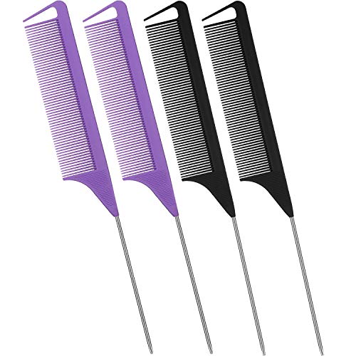4 Piece Parting Comb for Braids Rat Tail Comb Steel Pin Rat Tail Carbon Fiber Teasing Combs with Stainless Steel Pintail (Black, Purple)