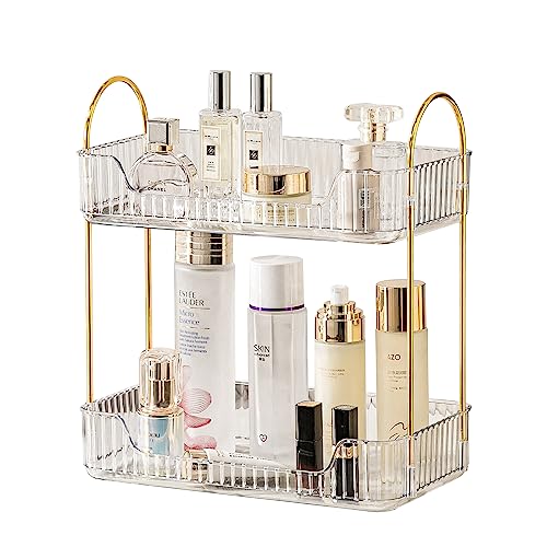 Image of Akinbas 2 Tier Bathroom Organizer Countertop Makeup Perfume Tray Skincare Organizer for Bathroom Dresser Vanity (White)