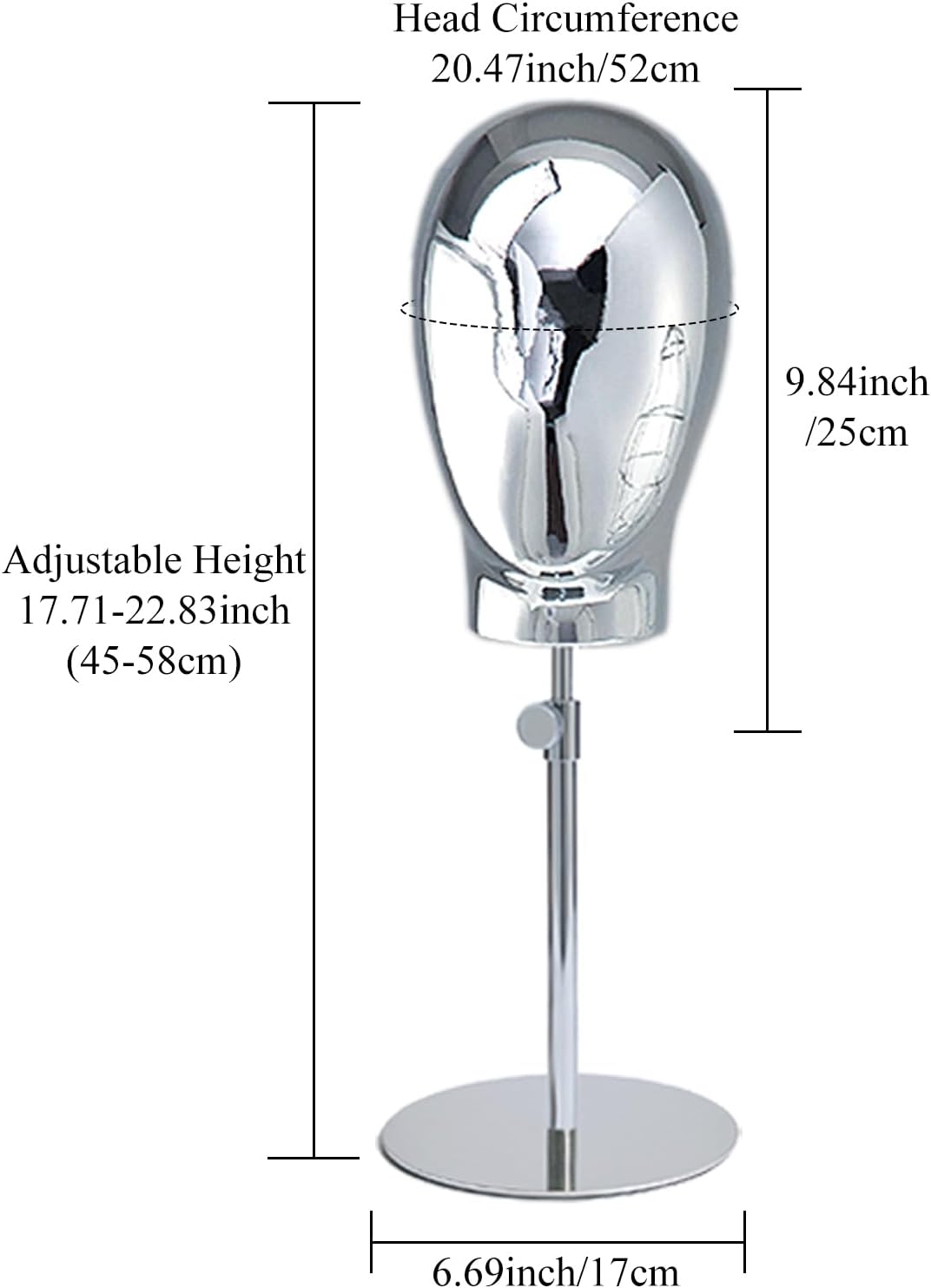 CHADWICK Wig Head Stand with Mannequin Head, 20 Inch Chrome Wig Holder, Wig Stand Manikin Head, Standing Mannequin Head for Wigs, Hats, Luxury Look at Home, Salon, Adjustable Height 17-28 inch