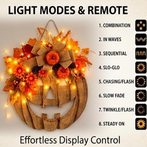 Corona de calabaza de arpillera con luces LED ajustables a control remoto 5