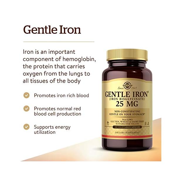 Solgar Gentle Iron - Ideal for Sensitive StomachsRed Blood Cell Supplement, , Non Constipating & GMO, Vegan, Gluten & Dairy Free, Kosher - 180 Servings, Unflavored, 180 Count