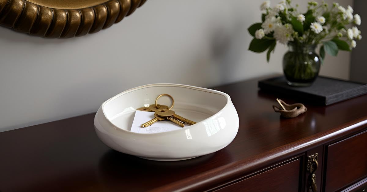 Decorative Bowl Free-Form Rim Glazed Ceramic Fruit Bowl for Kitchen Counter Ceramic Dining Room Table Centerpiecekey Bowl for Entryway Table|Dishwasher & Microwave Safe