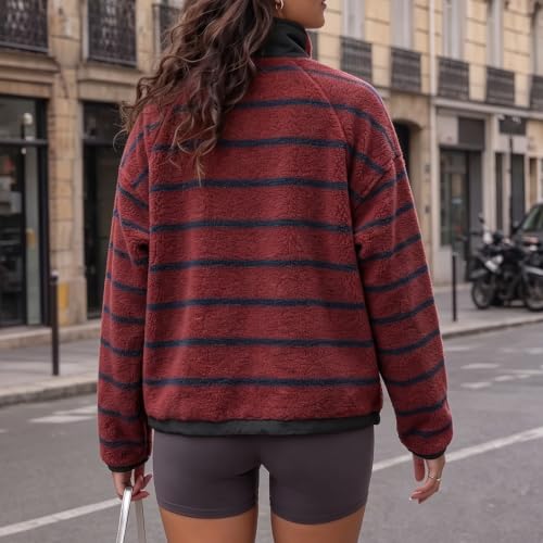 Striped Fleece Quarter Zip Pullover Women Sherpa Jacket Winter Outfits - image 2