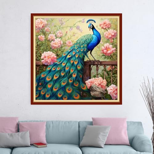 Image of Dimensean Stamped Cross Stitch Kits Full Range of Embroidery Patterns Starter Kits for Beginners Adult DIY Cross Stitches Needlepoint Kits 11CT-Auspicious Peacock 18x18 inch