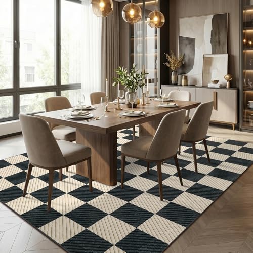 Image of Garvee 5x7 Black and Brown Checkered Rug for Living Room, Washable Rugs 5x7 Non Slip Soft Low Pile Geometric Print Plaid Area Rug for Dining Room Bedroom Nursery Office Playroom Carpet